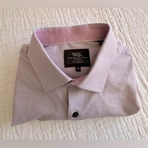 WRK button down, soft pink with blue and white. Deep purple buttons. 18” 36/37